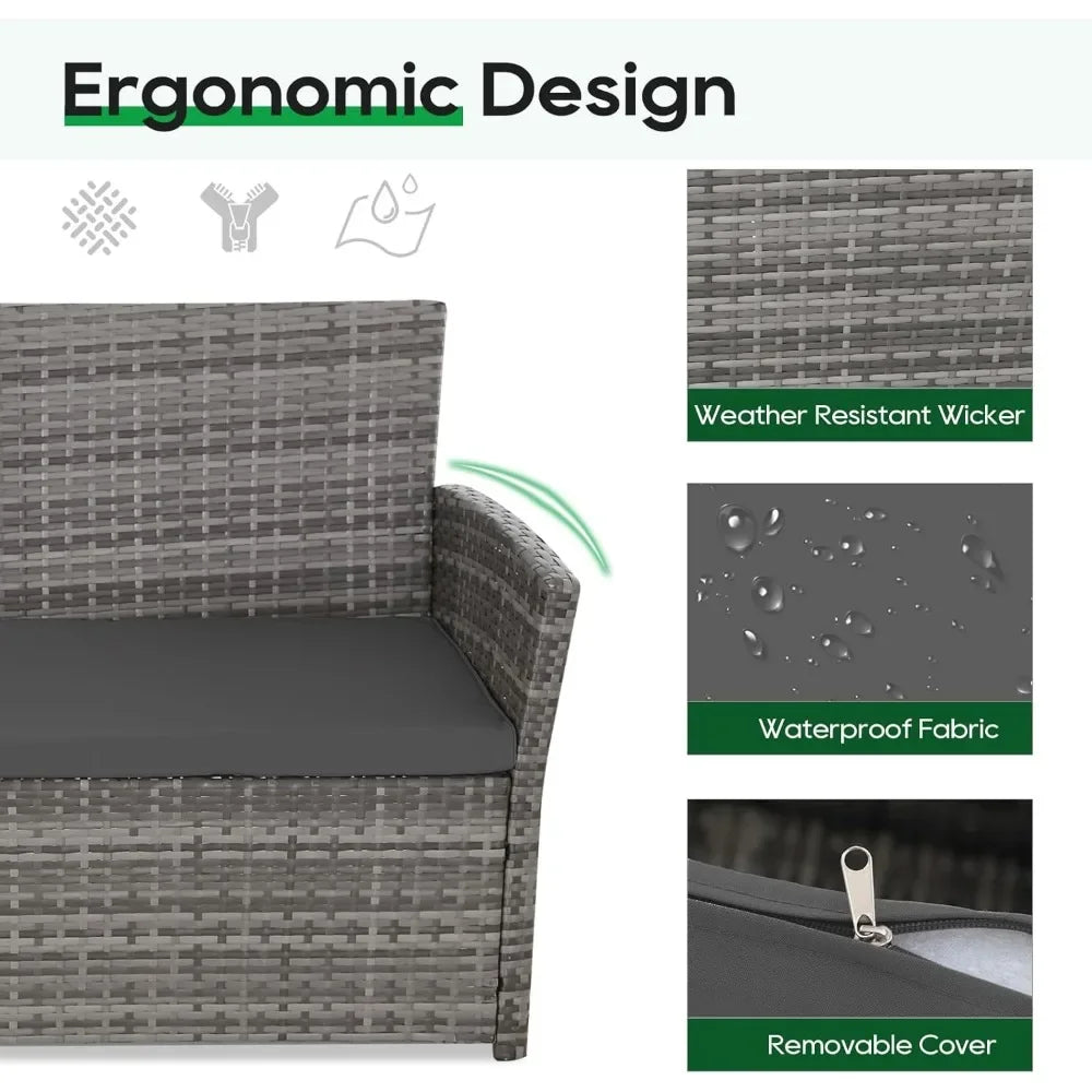 Patio Outdoor Furniture 4 Pieces Sectional Sofa Set Balcony Furniture Wicker Rattan Chairs with Table and Loveseat for Garden