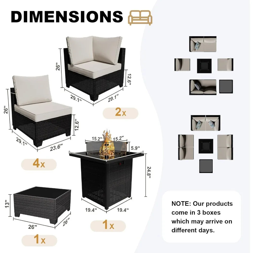 8 Piece Outdoor Patio Furniture Set with Fire Pit, Wicker Outdoor Sectional Sofa for Deck, Garden, Lawn