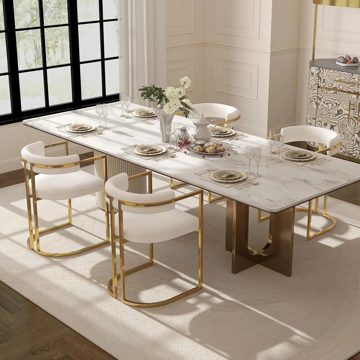 White Chenille Upholstered Dining Chairs Set of 4, Modern Dining Chair with Gold Legs, Kitchen Room Chairs Open Back Barrel Dini