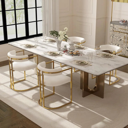 White Chenille Upholstered Dining Chairs Set of 4, Modern Dining Chair with Gold Legs, Kitchen Room Chairs Open Back Barrel Dini