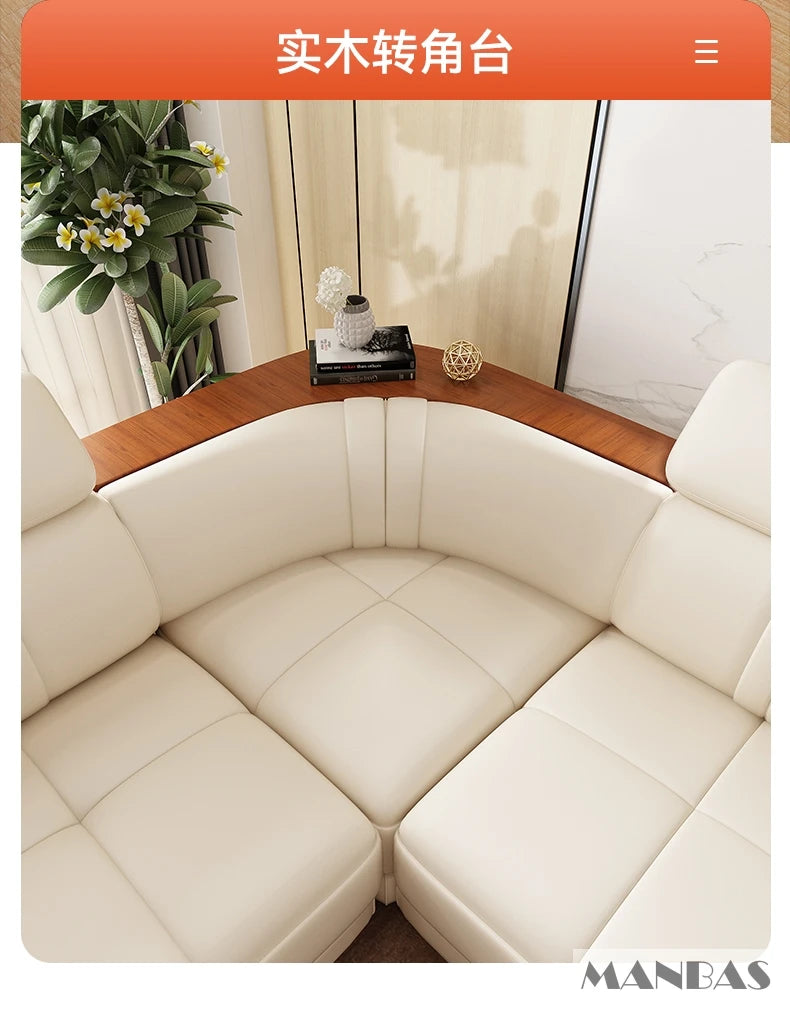 Elegant Leather Sectional Sofas Sets with Cup Holder, Adjustable Headrests & Bluetooth Speaker - MINGDIBAO Living Room Couches