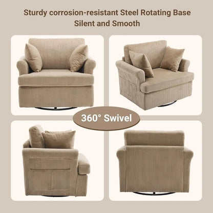 39 Swivel Accent Chair,Oversized Seat Armchair W/2 Pillows and 4 Pockets,Modern Upholstered Corduroy Barrel Chairs,Com