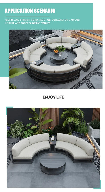 Fulin Garden Furniture Curved Lattice Aluminum Duick-dry Reticulated Cushions Sectional Modular Outdoor Sofa