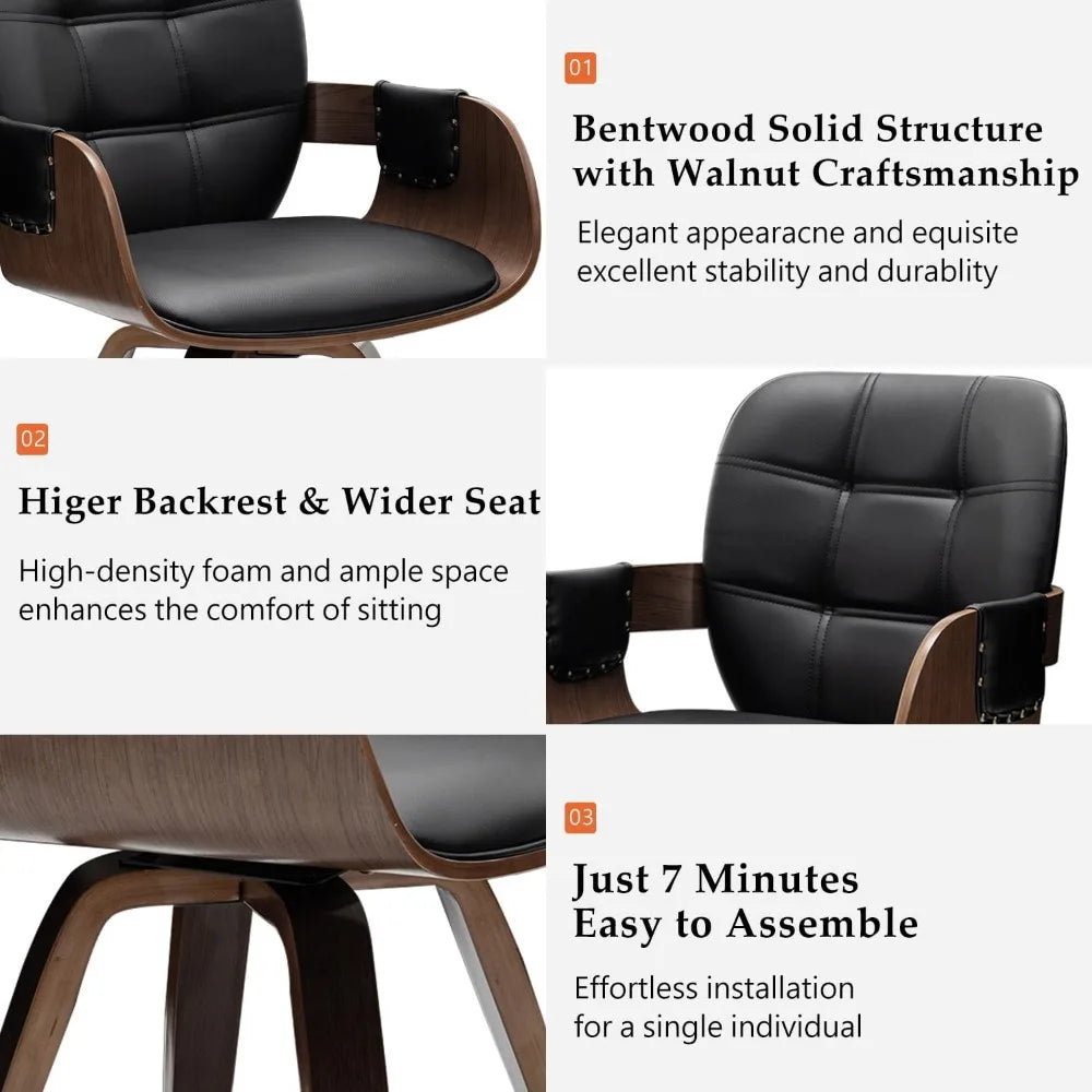 Set of 2 Mid Century Modern Chairs - Swivel Dining Chairs with Arms and Curved Back, Faux Leather Reception Room Chairs, Ideal f