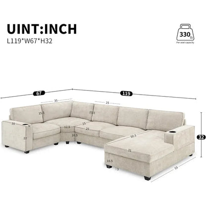 Large U-Shaped 6-Seat Chenille Sectional Sofa Set with Chaise, Cup Holders for Spacious Living Room