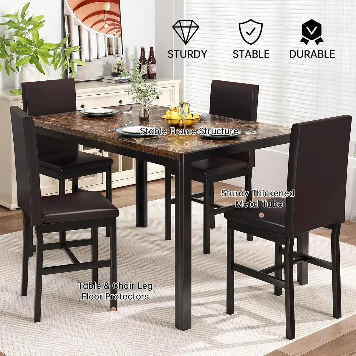 Dining Table Set for 4, Faux Marble Table with 4 PU Leather Chairs, Kitchen Breakfast Nook Set
