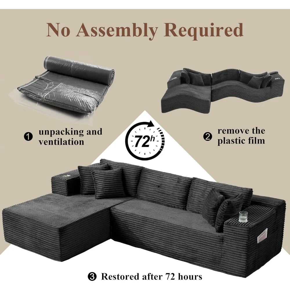 105'' Boneless Cloud Couch Modular Sectional Sofa, Comfy L Shaped Upholstered Corduroy Sectional Couches for Living Room