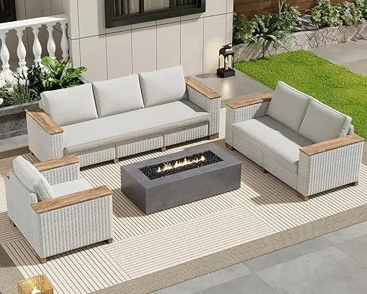 6-Piece Patio Furniture Set, Wicker Patio Conversation Set with Solid Wood Armrests &Thick Legs, UV-Resistant Outdoor