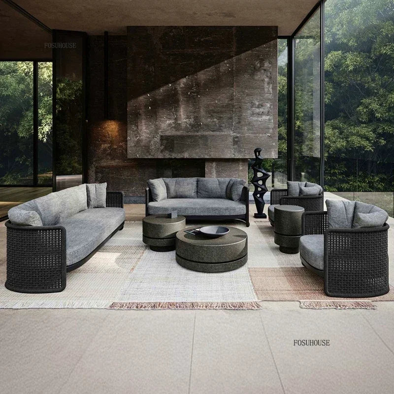 Retro Rattan Outdoor Sofas Luxury Garden Furniture Leisure Home Balcony Patio Set Rainproof and Sunproof Nordic Rope Sofa Chair