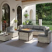 Modern 8-Piece Patio Furniture Set with 55k BTU Fire Pit, Plush Cushions, Durable Wicker Rattan, Rust-Resistant Frame