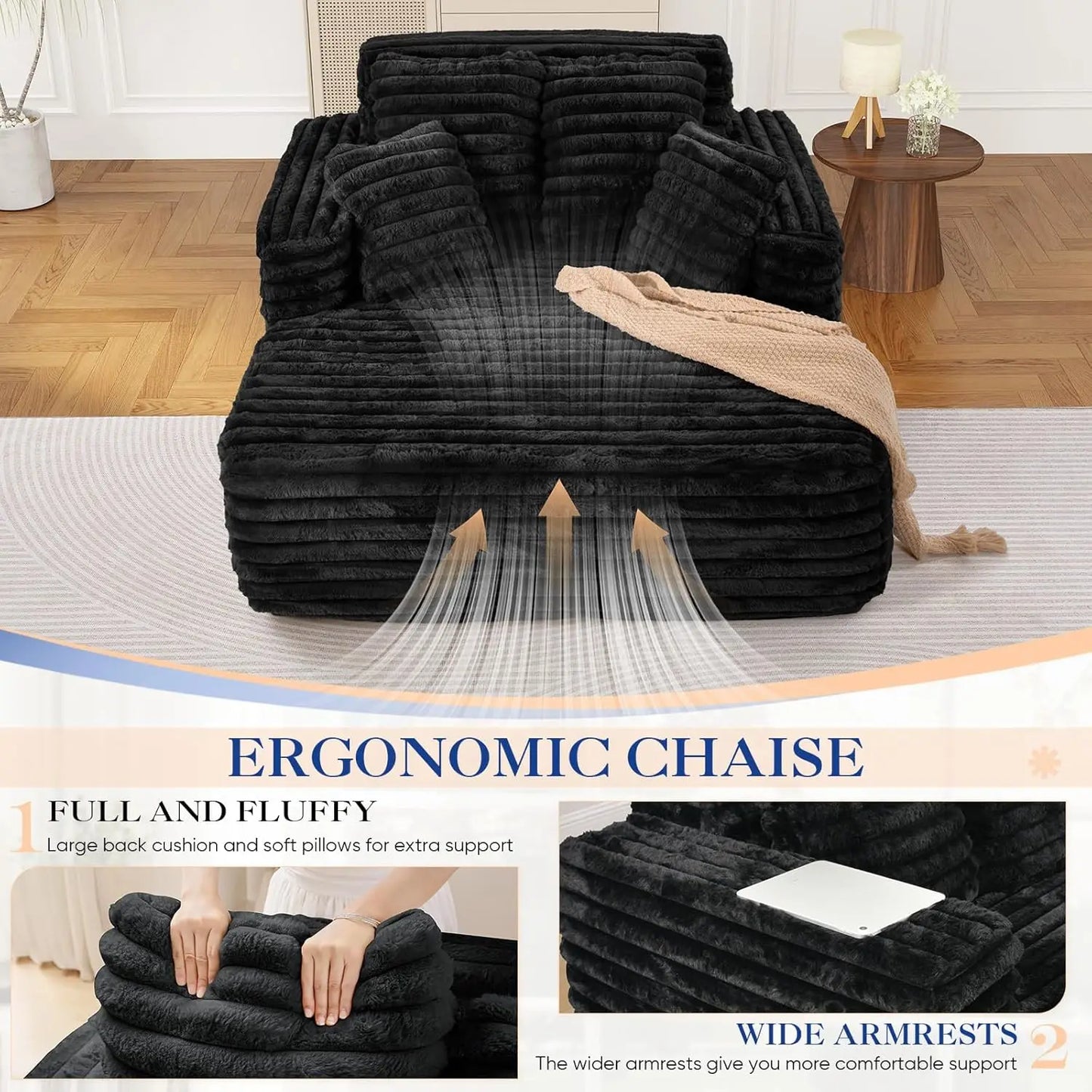 Oversized Chaise Lounge Indoor, Modern Plush Corduroy Fabric Deep Seat Boneless Memory Foam Sleeper Chaise Lounge Sofa Chair wit