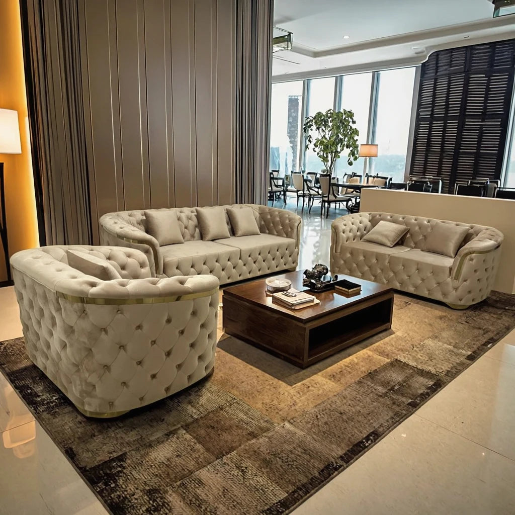 Luxury Gold Stainless Steel and Velvet Soft Sofa for Hotel Office Villa Warehouse or Export Use Sofa Combination
