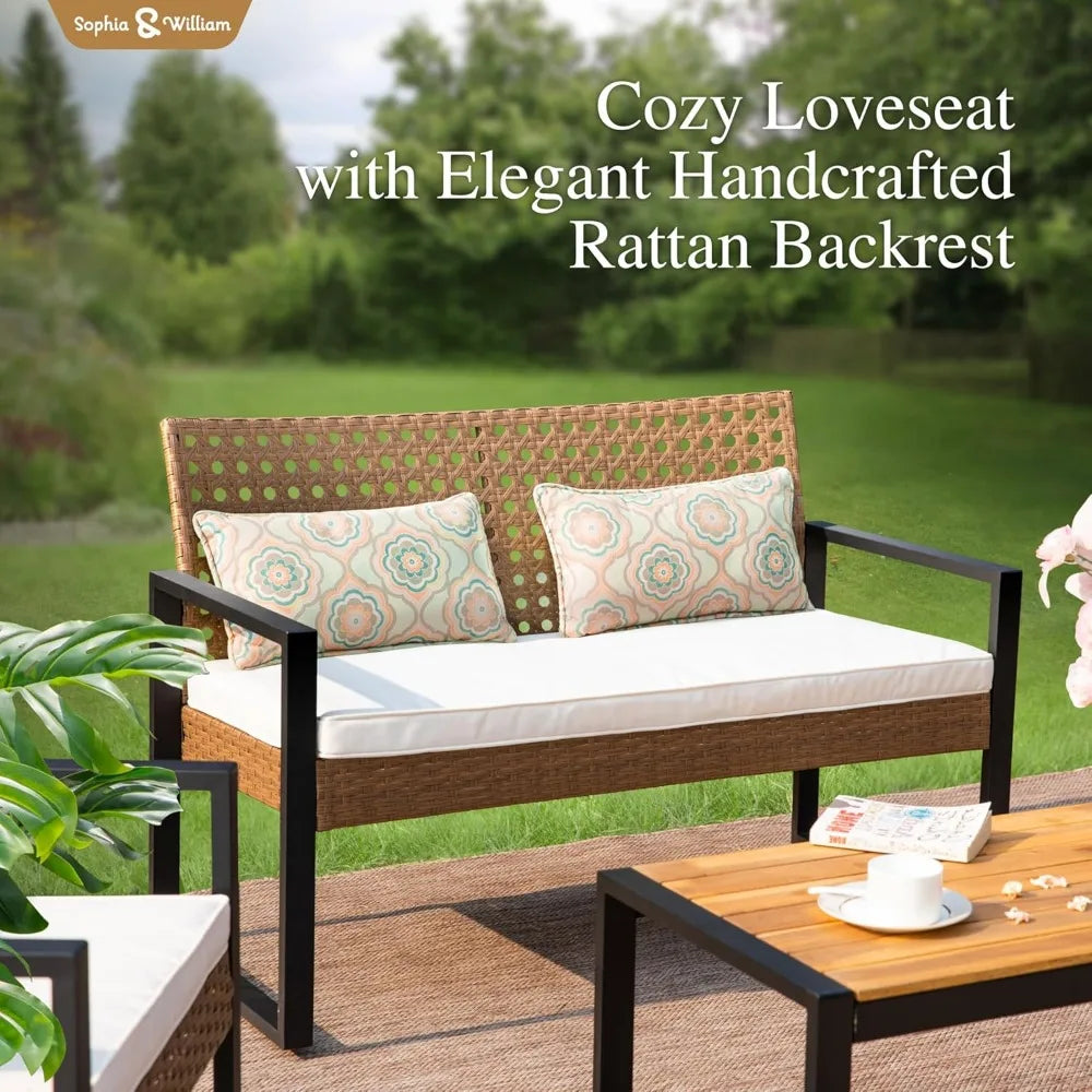 Sophia & William 4 Pieces Patio Conversation Set, Wicker Outdoor Furniture Set for 4, All Weather Outdoor Seating Set, Rattan Lo