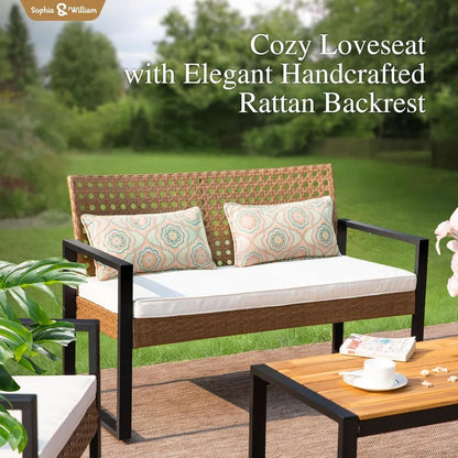 Sophia & William 4 Pieces Patio Conversation Set, Wicker Outdoor Furniture Set for 4, All Weather Outdoor Seating Set, Rattan Lo