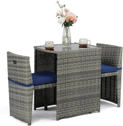 3 PCS Wicker Outdoor Patio Bistro Set, Patio Furniture Set for Small Space with Glass Top Table Dining Chairs, Balcony