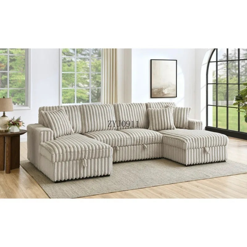 U-chair, 122-in-2 pull-out bed, living room with double storage sectional plush corduroy sofa
