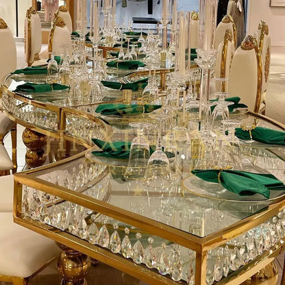 Modern Luxury Rectangle Gold Stainless Steel Banquet Table Crystal Glass Top Wedding Table for Wedding Event
