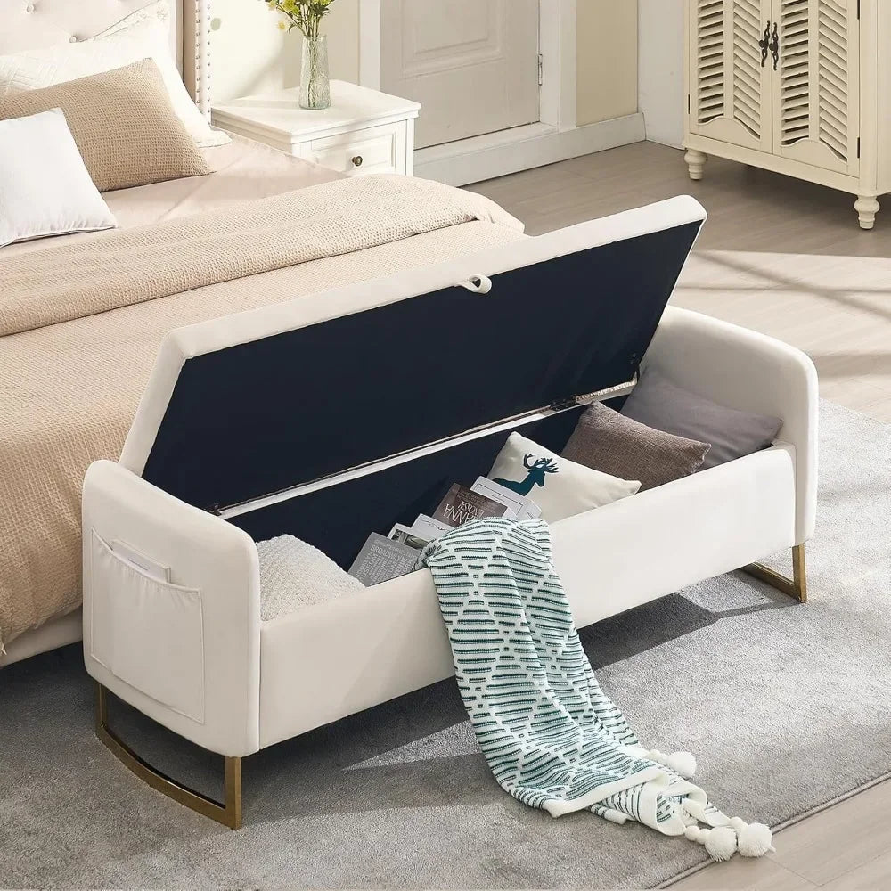 65" Storage Ottoman Bench, End of Bed Storage Bench King Size with Tufted Button Upholstered and Gold Legs, Bedroom Benches with