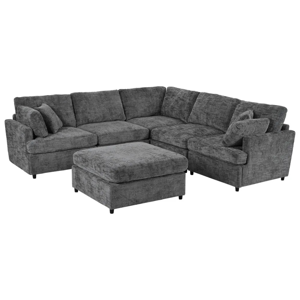 127 inch U-shaped segmented sofa with movable Ottoman style, 6-piece set of chenille fabric sofa