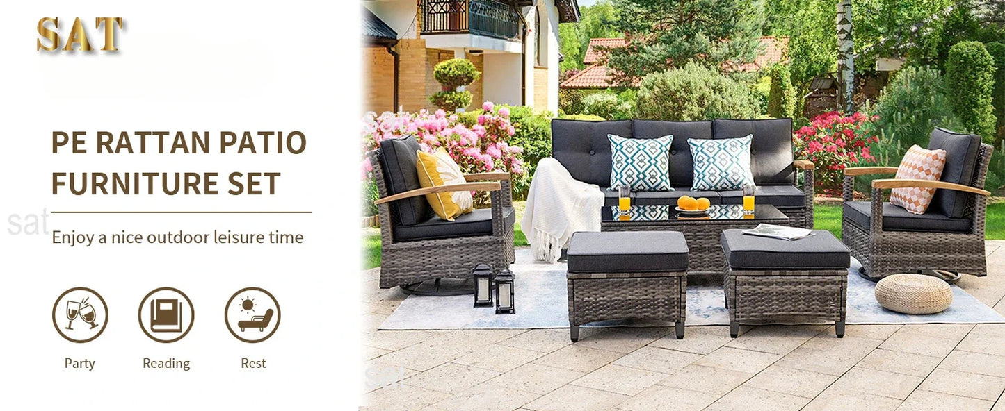 A  6 Pieces Outdoor Rattan Furniture Sets with 2 Wood Armrests Swivel Rocker Chairs, 2 Ottoman, 3-Seat Sofa and Coffee Table