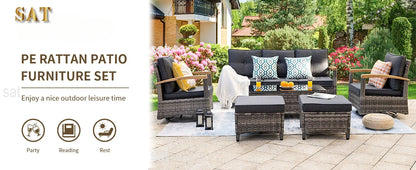 A  6 Pieces Outdoor Rattan Furniture Sets with 2 Wood Armrests Swivel Rocker Chairs, 2 Ottoman, 3-Seat Sofa and Coffee Table