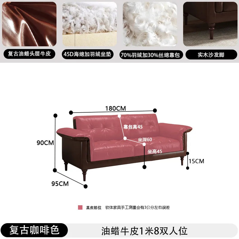 Customizable American sofa Italian retro oil wax leather straight row steel frame down medium ancient Nanyang style first layer