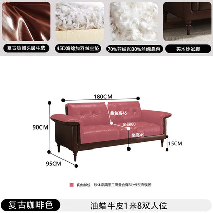 Customizable American sofa Italian retro oil wax leather straight row steel frame down medium ancient Nanyang style first layer