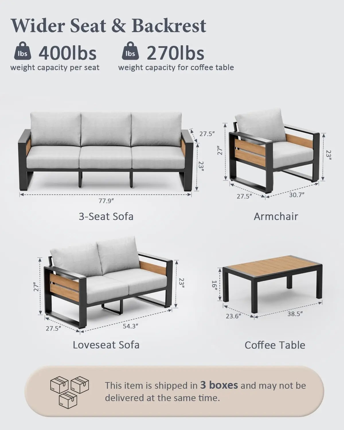 Aluminum Outdoor Patio Furniture - 2 Pcs Armchair, All-Weather Metal Modern Outside Furniture with Washable Thick Cushion