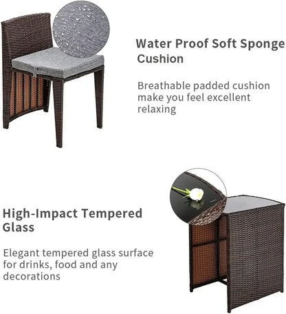 Hot Wicker Outdoor Patio Bistro Set Patio Furniture Set For Small Space With Glass Top Table Dining Chairs