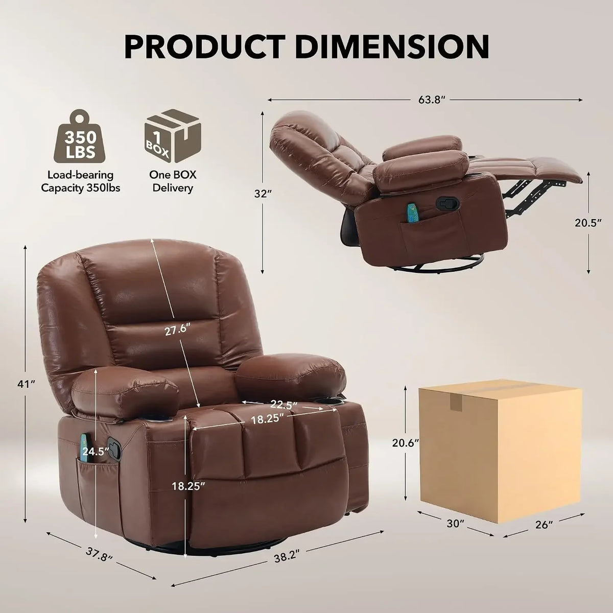 Oversized Recliner Chair Heat Vibration Massage PU Leather Manual Swivel Rocker Cup Holders Side Pocket Brown
