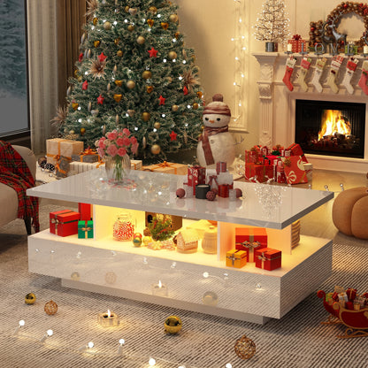 43 Inch LED Coffee Table w/2 Storage Drawers, Modern High Gloss Coffee Table w/Display Shelf, Rectangle 2-Tier Center Table