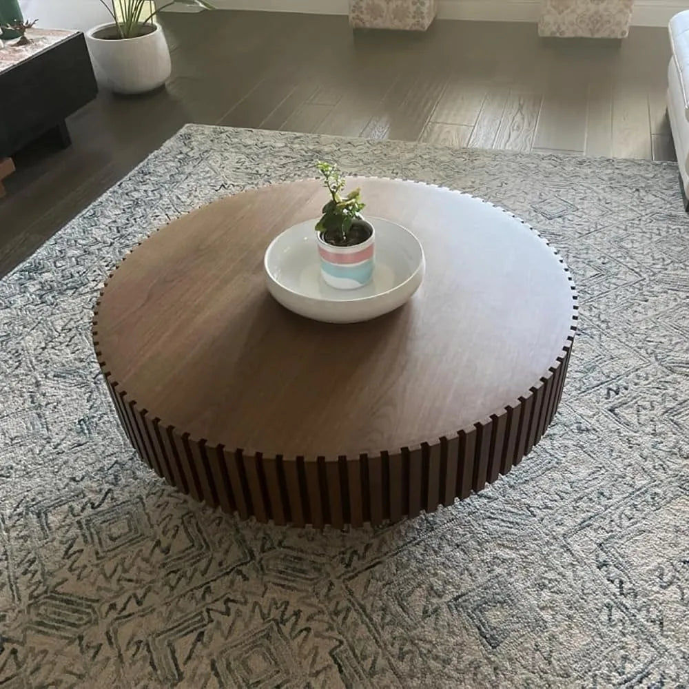 Walnut Round Coffee Table, Modern Luxury Wood Circle Drum Center Table for Living Room, Accent Side End Tea