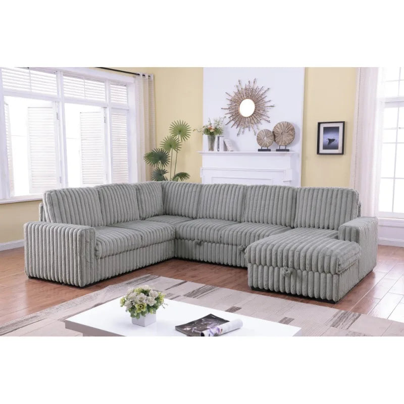 122" pull-out sofa, plush fabric sofa bed ports and comfortable upholstery, oversized U-shaped sectioned sofa