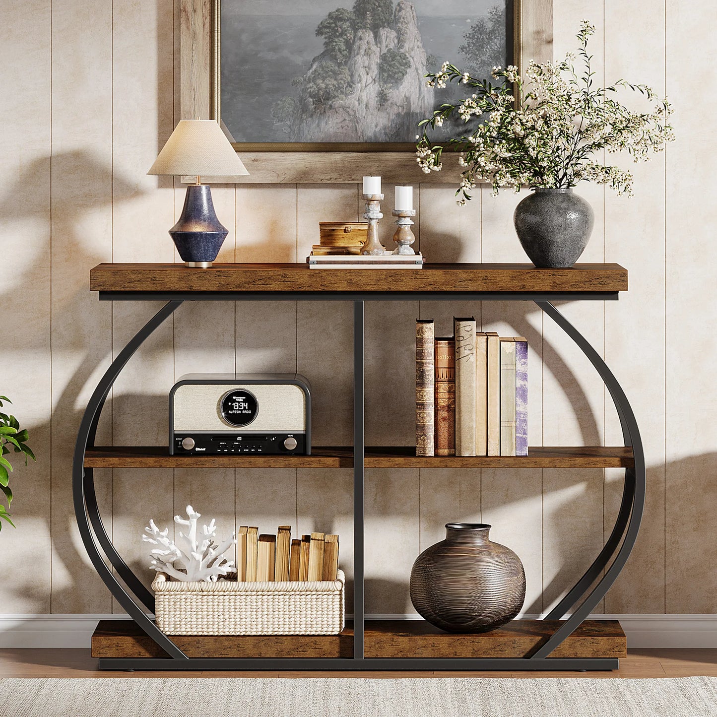 Tribesigns 41.3" Console Table, Industrial 3-Tier Entryway Table with Arched Metal Frame and Storage Shelves for Living Room