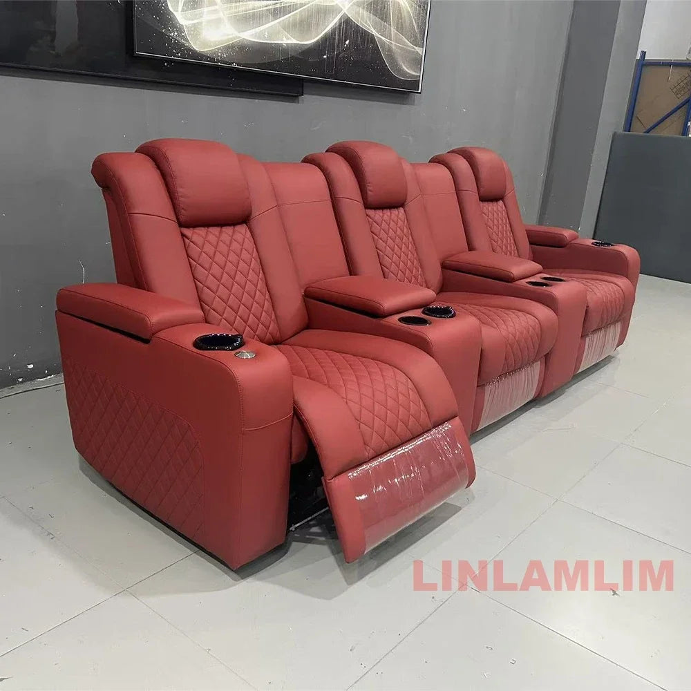 Linlamlim Luxury 3-Seat Recliner Sofa with Cup Holders, Leather Home Theater Seating, Cinema Recliner Couch with Center Console