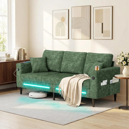 77" Small Cloud Loveseat 3 Seater Sofa, Green | Deep Seat, LED Light, USB Charger, Chenille, Modern, Customized