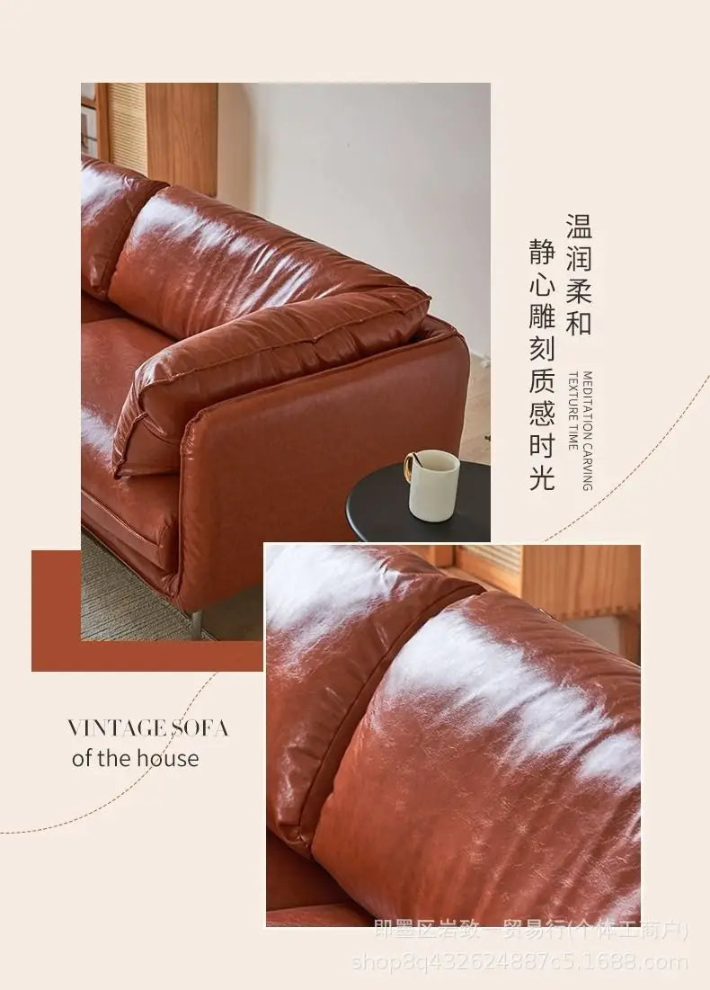 Retro oil wax leather living room sofa Modern simple small apartment sofa