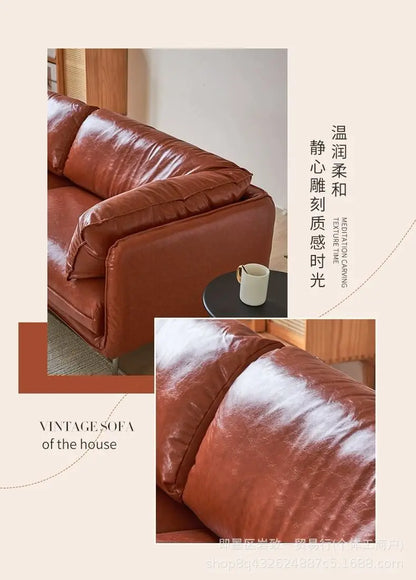 Retro oil wax leather living room sofa Modern simple small apartment sofa