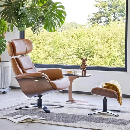 Leather Reclining Swivel Chair with Adjustable Headrest and Ottoman for Living Room, Saddle Color, Arm Rest, Cushion Included