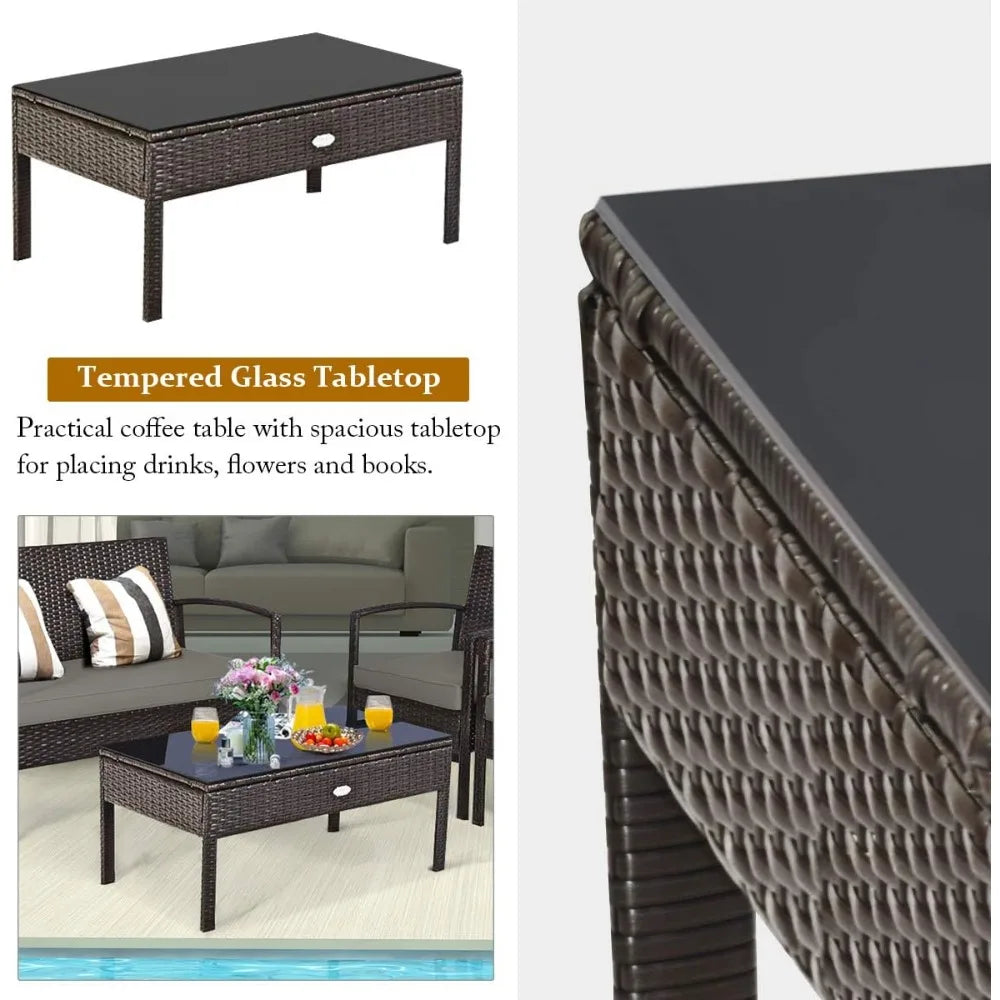 Outdoor Conversation Set 4 Pieces Patio Furniture, Wicker Patio Chair Sofa Set with Water-Resistant Dark-Brown Cushion & Tempere