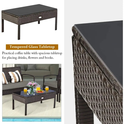 Outdoor Conversation Set 4 Pieces Patio Furniture, Wicker Patio Chair Sofa Set with Water-Resistant Dark-Brown Cushion & Tempere