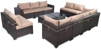 4 Pieces Patio Rattan Furniture Set, Outdoor Wicker Sofa Set with Tempered Glass Coffee Table, Cushions, All Weather Rattan Con