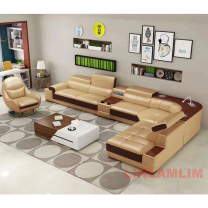 MINGDIBAO Modern Minimalist Genuine Leather Sectional Sofa with Console, Storage and Speaker Italian Leather Living Room Couch