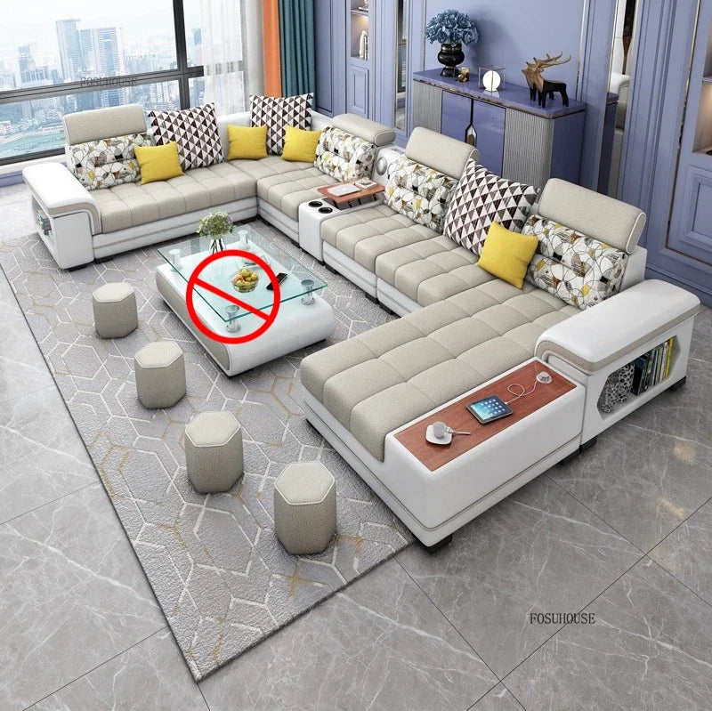 Luxury U-Shape Tech Fabric Living Room Sofas Sets with USB Villa Recliner Sofas Design Modularity Sofa for Living Room Furniture
