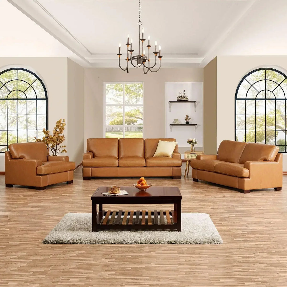 Hot salesSiggy Genuine Leather Sofa - Set of 3 Luxurious Comfort, Goose Feather Cushion Filling, Square Arm Design, Sturdy Block