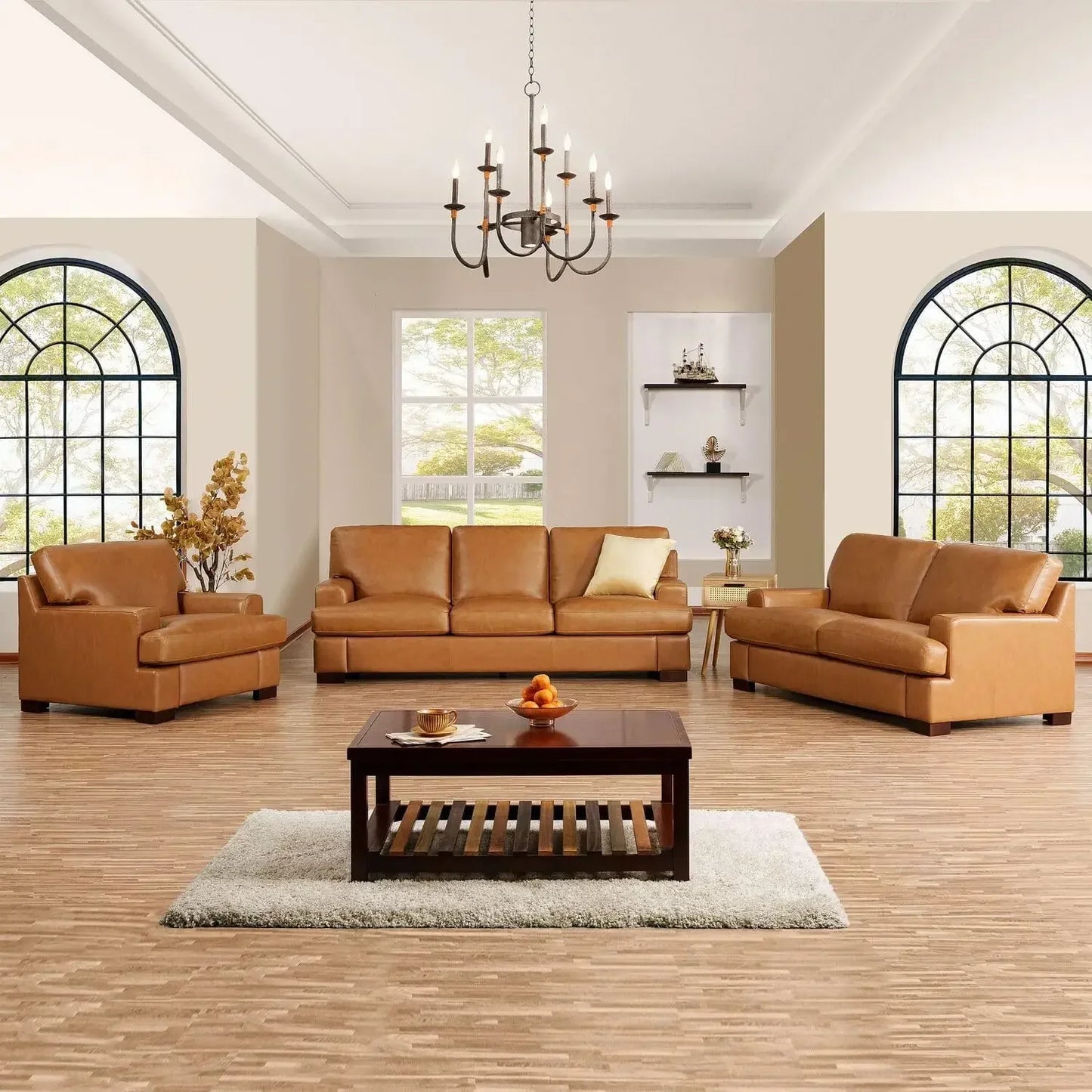 Hot salesSiggy Genuine Leather Sofa - Set of 3 Luxurious Comfort, Goose Feather Cushion Filling, Square Arm Design, Sturdy Block