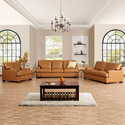 Hot salesSiggy Genuine Leather Sofa - Set of 3 Luxurious Comfort, Goose Feather Cushion Filling, Square Arm Design, Sturdy Block