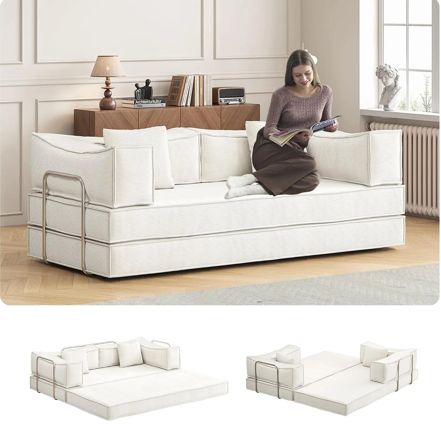 79" Convertible Sofa Bed with Pillows, Corduroy Folding Sleeper Sofa with Fixed-Shape Frame, Boneless Couch for, Customized