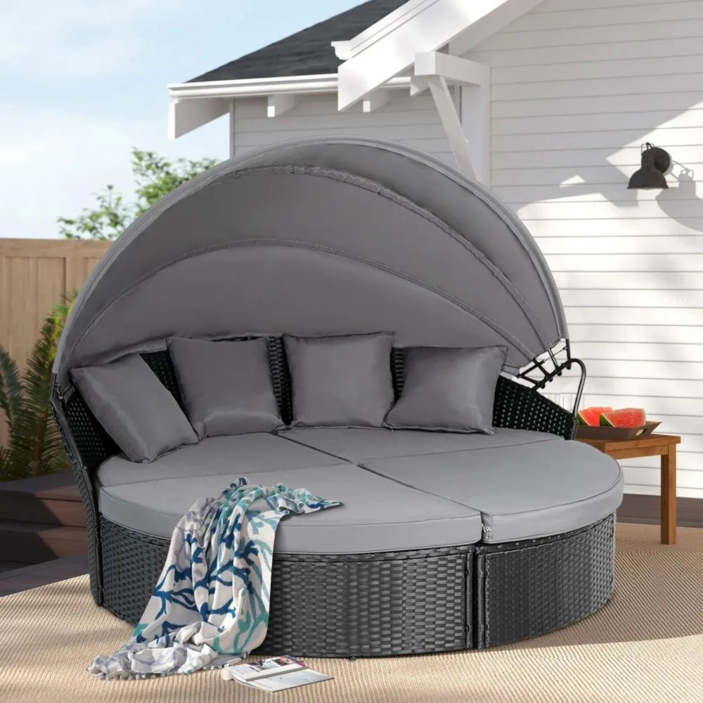 Outdoor Patio Canopy Bed Round Daybed with Washable Cushions, Clamshell Sectional Seating Wicker Furniture with Retractable Can