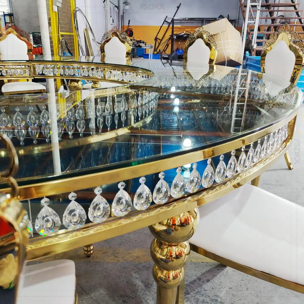 FSDKX Luxury S Shape Table for Wedding Glass Stainless Steel Circle Serpentine Table Wedding Crystals Hotel Banquet Dining Table
